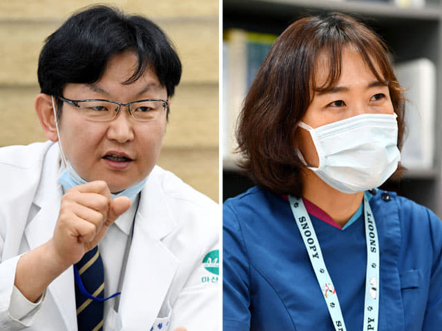황수현 마산의료원장(왼쪽)과 황미애 간호사가 지난 100일간의 경남 코로나 사태에 대해 이야기하고 있다./성승건 기자/