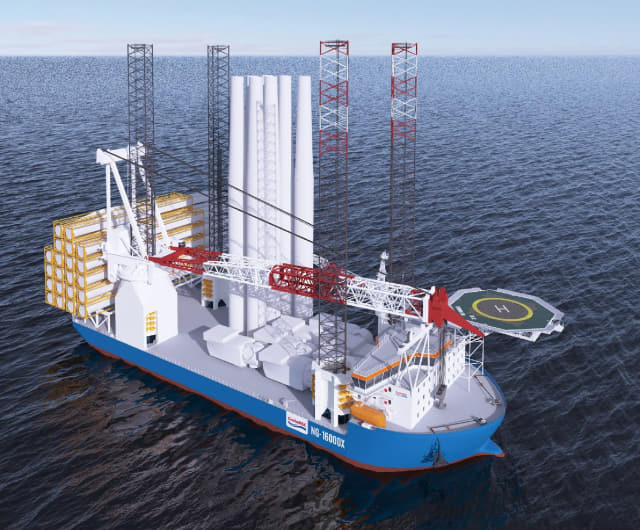대우조선해양이 이번에 수주한 대형 해상풍력발전기 설치선 ‘NG-16000X’ 디자인 조감도./대우조선해양/