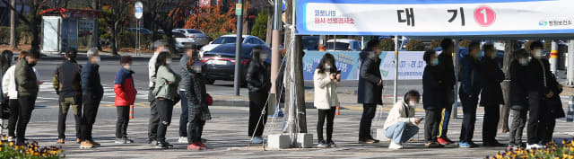 8일 창원종합버스터미널 앞 마당에 마련된 임시선별검사소에서 시민들이 코로나19 검사를 받기 위해 기다리고 있다./김승권 기자/