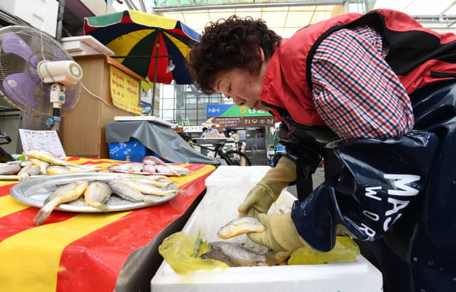 모녀상회 고순덕 사장이 판매용 생선을 정리하고 있다.
