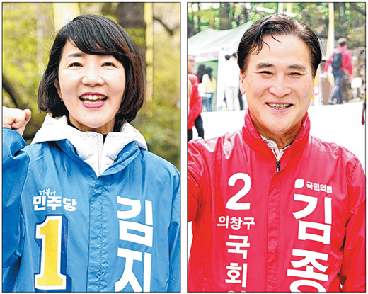 지난 6일 창원의창 더불어민주당 김지수(왼쪽) 후보와 국민의힘 김종양 후보가 창원시 의창구 달천공원 오토캠핌장 입구에서 지지를 호소하고 있다./전강용 기자/
